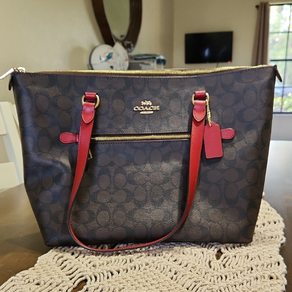 NWOT Coach Brown Tote with Red Accents
